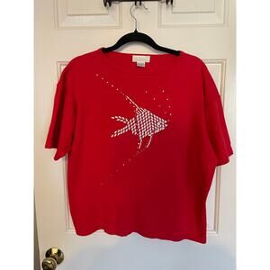 Vintage Tara Vanessa All Cotton L/XL Red Shirt Fish Design Made in Hong Kong